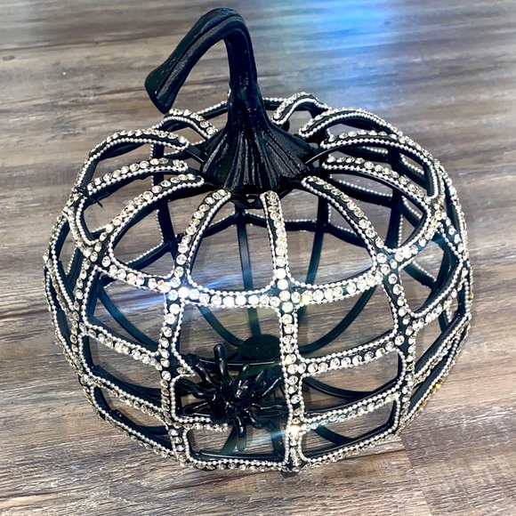 NWOT Metal Rhinestone Decorative Halloween Pumpkin w/Spiders - Picture 1 of 5